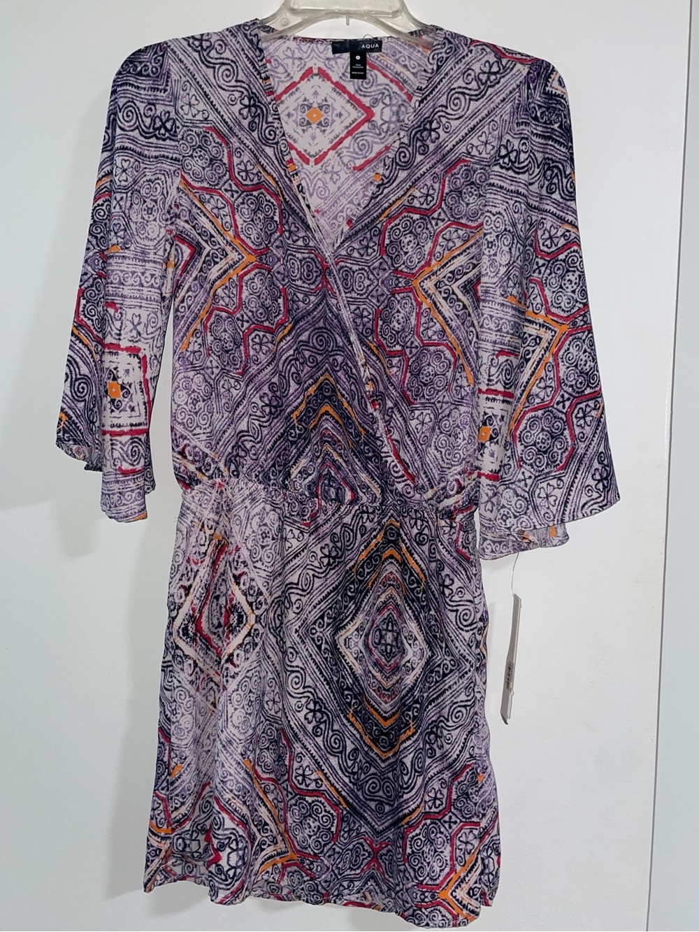 Aqua Purple Geometric Wrap Romper with Orange & Red Accents